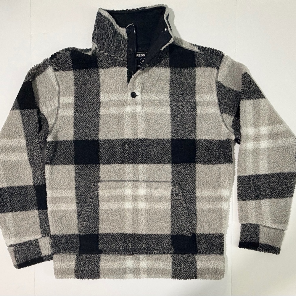Express Black and Gray Plaid Zip-Up Sweater